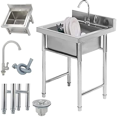 Fregaderos de servicios públicos al aire libre, fregadero de cocina de esquina de catering independiente 304 fregadero comercial de acero inoxidable con grifo para lavandería de baño,60X60X80CM