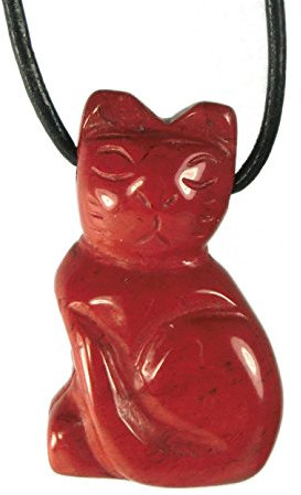 Lebensquelle Plus Katzenanhänger | Edelstein Tieranhänger Katzen | Gebohrter Anhänger mit Baumwollband (Jaspis rot)