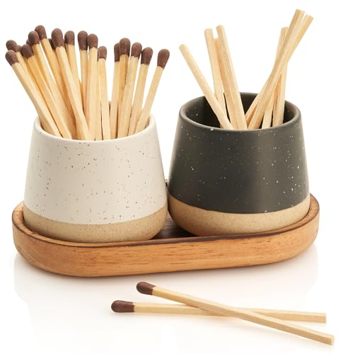 Dekorativer Streichholzhalter aus Keramik mit Holztablett – Set mit 2 schönen matten Haltern mit Klöppel sind ein Upgrade für jede Wohnkultur – verschönern Sie Ihr Wohnzimmer mit niedlichen Gläsern –