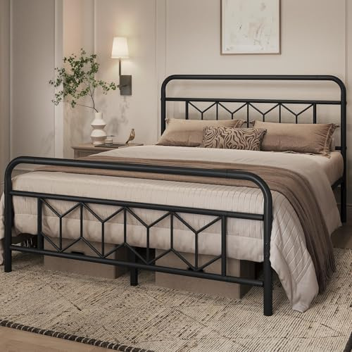 Topeakmart Queen Bed Frames Metal Platform Bed with Vintage Style Headboard/Mattress Foundation/No Box Spring Needed/Under Bed Storage/Strong Slat Support Black Queen Bed