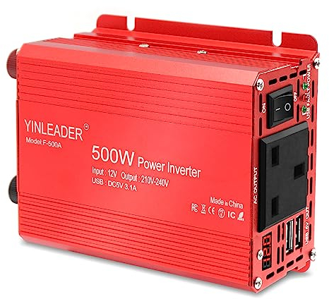 Yinleader Power Inverter 500W DC 12V to 240V AC Dual USB UK Socket car cigarette adapter converter with LED - Red