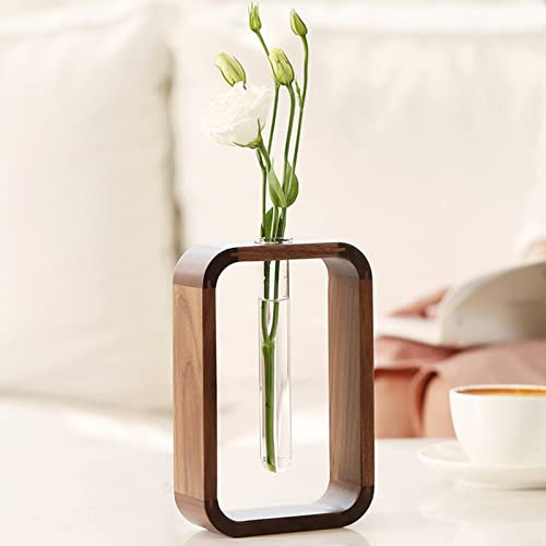 TREELF Transparente Glasvase Reagenzglasvase hydrophile Pflanzenvase Pflanzenhalter Walnussholzrahmen Blumenständer Tischgarten Bonsai-Dekor, Geschenke für Frauen, Home-Office-Dekor Pflanzer (Klein)