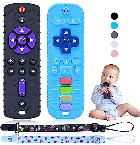 Orzbow 2 Pcs Telecomando Giocattolo per Neonati, Massaggia Gengive Neonati con Clip Ciuccio e Pulsanti Premibili, Giochi Dentizione Neonato Silicone per 0-12 Mesi, Giocattoli da Masticare, Nero & Blu
