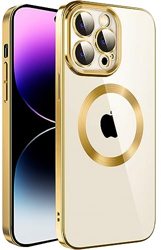 S. Dawezo Klare Magnetische Hülle für iPhone 14 Pro, kompatibel mit MagSafe Kabelloses Laden, Militärnorm Schutz, Kratzfest, Stoßfest, Schlanke Transparente Silikonhülle für iPhone 14 Pro Hülle, Gold