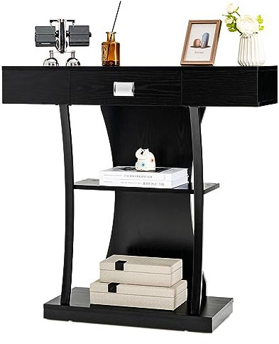 COSTWAY Console Table, Wooden T-Shaped Narrow Behind Sofa Table Hall Desk with Drawer and Storage Shelves, Industrial Accent Couch Side Table for Hallway Entryway Living Room (1 Drawer, Black)