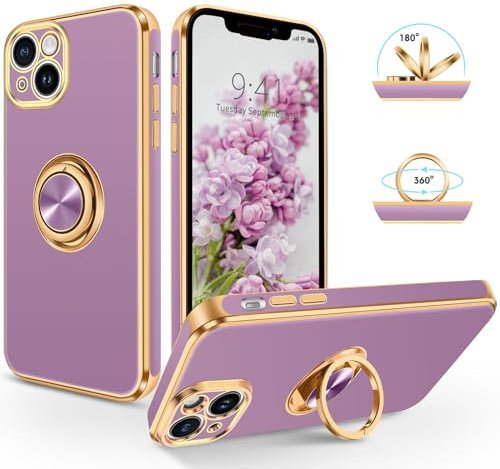 SouliGo iPhone 15 Case, iPhone 15 Phone Case 360° Ring Holder Kickstand for Magnetic Car Mount Slim Luxury Bling Plating Soft TPU Anti-Scratch Protective Bumper Phone Cover 6.1”2023, Lilac Purple