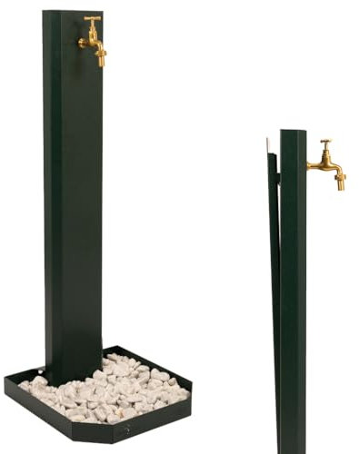 Fontana da giardino, per esterno. Fontanella a colonna moderna, colore Verde, in acciaio. Rubinetto in ottone, flessibile, raccordo e ciottoli Compresi. Altezza 1mt
