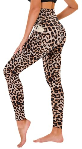 TNNZEET High Waist Leggings Damen Schwarz Leggins Blickdicht für Sport Gym, Leopard mit Taschen,XXL