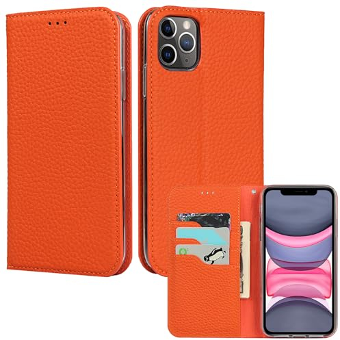 ELTEKER Hülle iPhone 11 Pro Max Handyhülle [Echtes Leder] Klapphülle mit Kartenfach,Schutzhülle Leder Hülle für iPhone 11 Pro Max-Orange