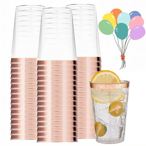mauepersu 50 Stück Plastikbecher mit Roségold, 280ml Becher aus Kunststoff Wiederverwendbare Trinkbecher Elegante Party Weingläser für Champagner Bier Cocktail Martini Soda Dessert (Roségold)