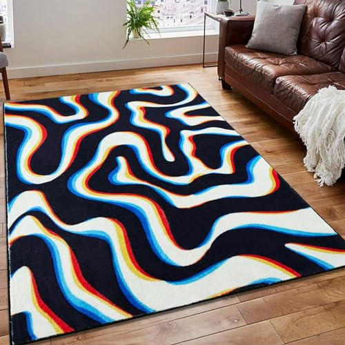 Aldopein Trippy abstrakter Teppich, 10,2 x 15,2 cm, weich, dünn, flippig, ästhetisch, Glitch, psychedelisch, gewellt, Wirbel, Wohnzimmerteppich, bunt, schwarz-weiß, Retro, cool, waschbar, Teppich für