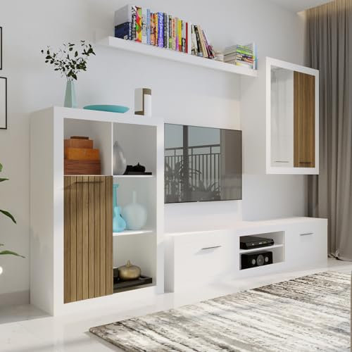 Homely - Mueble salón Modular Formentera White | Conjunto 4 Muebles: Mueble TV + Mueble bajo + Mueble Alto + estantería Alta | Color Blanco Brillo + Madera | Medidas Conjunto 270x40x220 cm