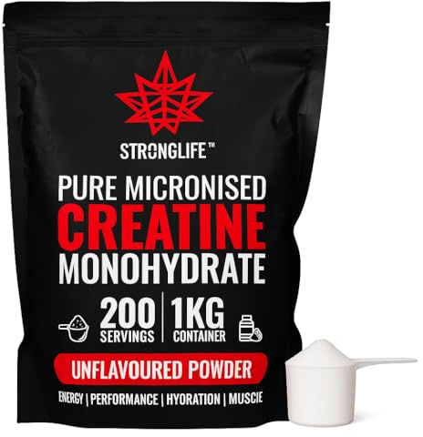 Creatin Monohydrat Pulver von Stronglife – 1000 g (1 kg), 200 Portionen à 5 g, mikronisiert, rein 200 Mesh, ohne Geschmack, verbessert die Muskelleistung, Kraft und Erholung (1000 Gramm (1 kg))