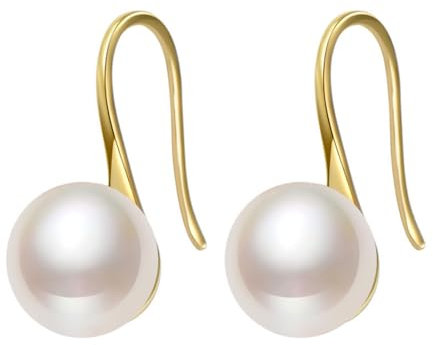Sterling Silver 8mm 10mm Button Freshwater Pearl Drop Hook Earrings 2 Tones (10mm Pearl, 18K Gold)