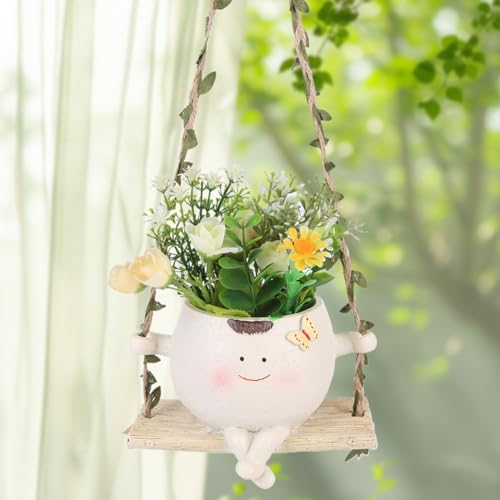 RuiDay Smiley Pots De Fleurs À Suspendre,Pot de Fleur Suspendu avec Visage Sourire Et Balançoire,Résine Pot Plante Interieur,Décoration Murale pour Intérieur, Balcon et Jardin (Papillon)