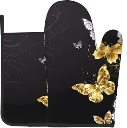 Juego de dos piezas para hornear con diseño de mariposas blancas y doradas, manoplas de horno y soportes para ollas