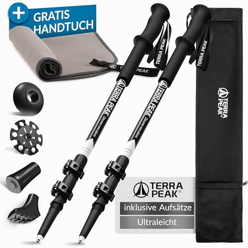 Terra Peak Wanderstöcke Teleskop Carbon ausziehbar, Ultra-leicht - Trekkingstöcke & Nordic Walking Stöcke verstellbar Damen & Herren mit Gummipuffer - Kork-Griff Alpin-Wander-Stock & Hiking Poles
