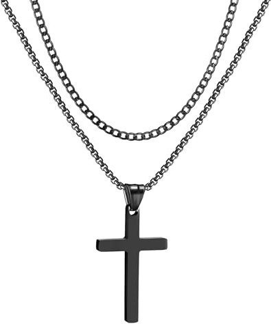RWQIAN Kreuz Kette Herren Kreuzkette Edelstahl Schwarz Layered Christliches Kreuz Schmuck Geschenke für Männer