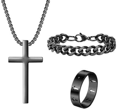Kreuzkette Herren Edelstahl Herrenarmbänder Edelstahl Herren Ringe Set Silber Gold Schwarz Schmuck Herren Damen Kreuz Anhänger Kette Kettenarmband Ketten Ringe Schmuck für Männer (Schwarz Set A)