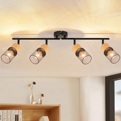 GBLY Deckenstrahler 4 Flammig Deckenleuchte: Vintage Deckenlampe Schwarz Holz Spots 350°Schwenkbar E14 Deckenspots Retro Wandstrahler für Wohnzimmer Schlafzimmer Küche Ohne Leuchtmittel