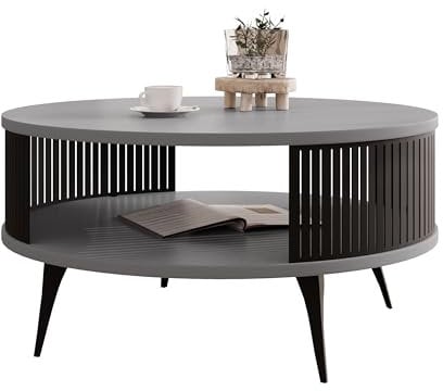 Mirjan24 Couchtisch mit Ablage Rajkon, Runde Form, Metallbeine, Kaffeetisch, Wohnzimmertische, Beistelltisch, Sofatisch, Teetisch (Hellgrau, Schwarz)
