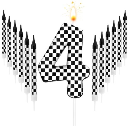 13pcs Racing Cars Birthday Candles, Black and White Checkered Candles Birthday Number Candle Cake Topper for Boys Kids Baby Shower Racing Car Theme Party Decoration Supplies (Number 4)