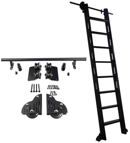XEXENAMU Wooden Ladder Rolling Hardware Sliding Library Ladder Track, Mobile Ladder Track/rail for Loft Office Floor Rollers with Brake, Metal, (No Ladder) Rolling Track Kit(8ft/244cm Track