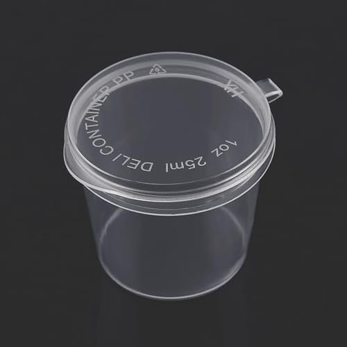 Sauce Pots with Lids, 100 Pcs 1oz/25ml Plastic Small Containers for Salad Dressing Sample Snack Jelly Takeaway Sauces and Paints, Reusable Deli Cups Sauce Pot with one-piece Lid