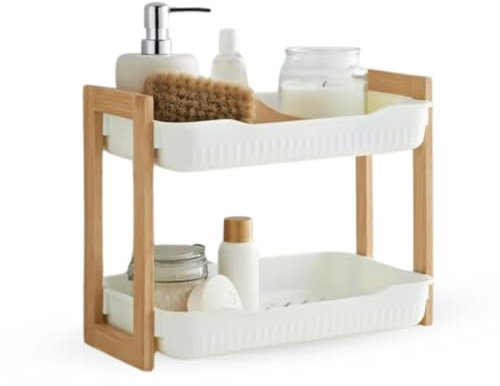 M&H 2 Tier Wooden Bathroom Caddy | White & Bamboo Bathroom Storage | Freestanding Countertop Shelf for Toiletries & Towels | Compact Organizer