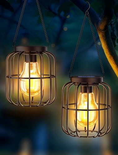 OUILA Solarlampen für Außen Hängend 2 Stück Wasserdicht Metall Solar Laternen für Draußen Größer LED-Glühbirne Solarleuchten Garten Deko Balkon für Terrasse Rasen Hof
