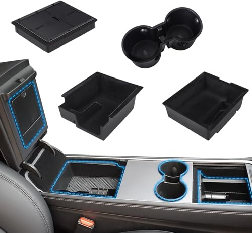 4 Pcs Zubehör für Tesla Model 3/Y 2021-2024, Mittelkonsole Organizer, Armlehne Aufbewahrungsbox, Versteckte Aufbewahrungsbox und Auto Getränkehalter Becherhalter, Geschenke für Tesla Fahrer