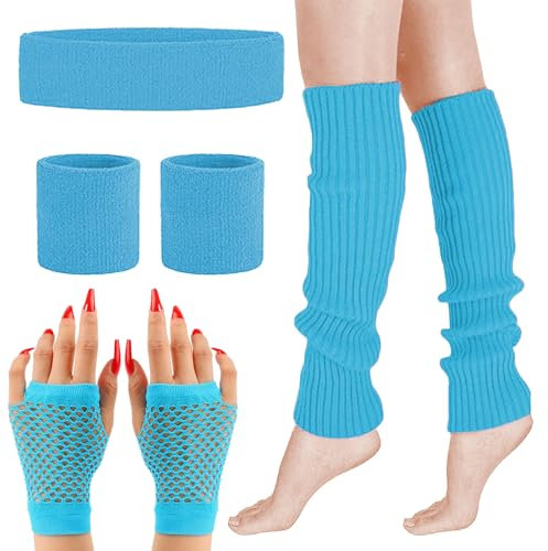 MUNSKT 5 Colors Leg Warmers Fishnet Gloves Headband Wristbands Neon Set, 80s Women Fancy Dress Costume Accessories, 1980s Retro Theme Party Costumes (blue)