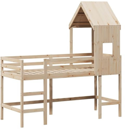 HEFZGDB Hochbett mit Leiter und Dach 80x200 cm Massivholz Kiefer Ehebett Gästebett Familienbett Einzelbett für Herberge Gästezimmer Schlafzimmer Wohnbereich
