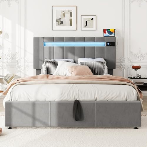 Upholstered Bed Frame with Hydraulic Lift & Bluetooth Stereo Player, 4ft6 Double Bed Frame with LED Lighting & Charging Station, Velvet Functional Ottoman Storage Beds, Wooden Slats, Grey,No Mattress