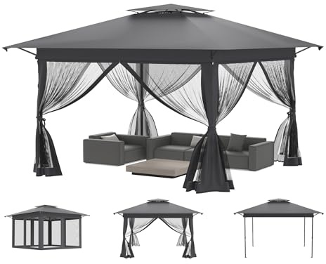 Aufun Gartenpavillon Pop Up Pavillon 4x4m Gartenzelt Partyzelt, Anthrazit | UV-Schutz & Mückenschutz Faltpavillon Höhenverstellbar, mit 4 Moskitonetz-Seitenteilen & Doppeldach inkl Tragetasche