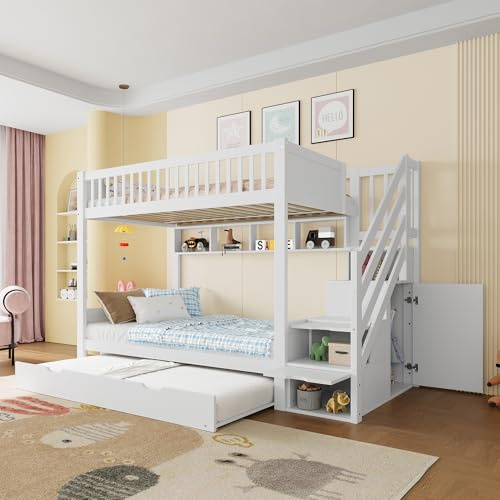 TOBIDOEN Etagenbett Kinderbett 90x200 cm mit Ausziehbett und Schrank für 2-3 Kinder, Hochbett Holzbett mit Stauraumtreppe und Offenes Regal, mit Rausfallschutz und Lattenrost, Ohne Matratze, Weiß