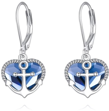 DAYLINLOVE Anker Ohrringe 925 Sterling Silber Kristall Herz Hangle Drop Anker Ohrringe Nautische Schmuck Geschenke für Frauen