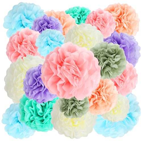 Pompons Deko, 22 Stück, Seidenpapier Blumen, Pink, Lila, Gelb | Bunt Pompons zum Basteln, mit Weißes Seil, für Frauen, Hochzeit, Garten Dekoration, Geburtstagsparty Dekoration