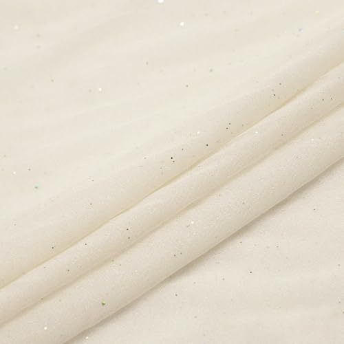 Vayliro 100cm x 150cm Tüllstoff Glitzer Tüll Dekostoff mit Kleine Pailletten Garnstoff Bastel Tulle Fabric für DIY Nähen Handwerk Hochzeit Party Kleidung Querbehang Gardine Dekorieren,Creme