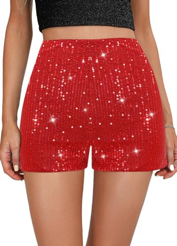 Elenint Damen Stylische Glitzernde Pailletten Shorts Hohe Taille Locker Gerade Bein Shorts Fur Disco Club Festival Rave Kostüm Tanz, Slim Fit Red Sequin/S