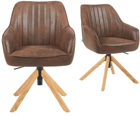 DUBI Möbel 2er Set Esszimmerstühle höhenverstellbar, Bürostühle & Konferenzstühle, 360° drehbar mit Taschenfederkern, ergonomisch gepolstert, Eichegestell, Wildlederoptik Braun, Modell Mika-Olea
