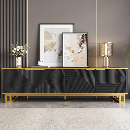 FammyLoft TV Schrank mit Geometrische Textur, Lowboard mit Stauraum, Fernsehtisch mit Dreidimensionale Prägemuster, Moderner TV Sideboard, TV Kommode, für Wohnzimmer/Flur, 160cm, Schwarz