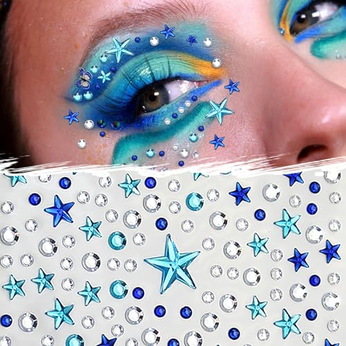 Glitzersteine Gesicht Sterne, 6 Blätter Selbstklebend, Blau Strasssteine zum Basteln, Glitzer Sticker zum Kleben