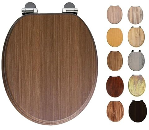 Walnut Soft Close Toilet Seat, MDF Wood Effect, Oval Shape, 435mm Length, Bottom Fixing