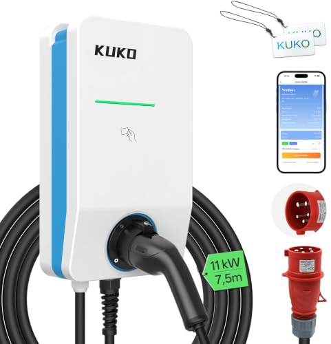 KUKO Wallbox 11kW mit APP(WLAN/Bluetooth) OCPP, Typ 2 EV Ladegerät, 3-Phasen Smart Ladestation für Zuhause mit Stromzähler & RFID, 7,5m Ladekabel, 16A 400V AC Laden für BEV/PHEV, TÜV & CE, IP55 Schutz