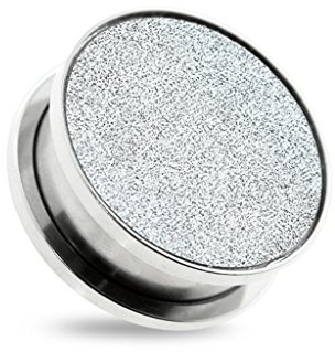 BlackAmazement Flesh Tunnel Plug Inlay Piercing 316L Edelstahl Kreis Sandblasted Circle Glitzer schwarz Silber braun Damen Herren (Farbe Silber - 16 mm - 1 Stück)