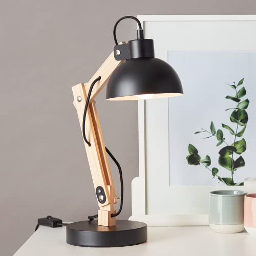 Lightbox dekorative Schreibtischlampe - schwenkbare Tischleuchte - geeignet für 1x E27 - Metall/Holz Schwarz - 42cm Höhe