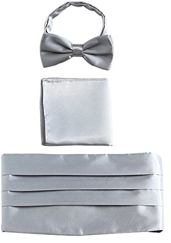 WANYING Herren Satin Kummerbund Fliege Einstecktuch 3 in 1 Set für Hochzeit Party Ball Banquet Smoking Gentleman - Einfarbig Silber Grau