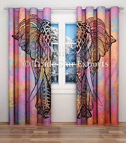 Trade Star Indian Tie Dye Curtain, Elephant Wall hanging Tapestry, Ethnic Door Window Curtains, Decorative Cotton Drapes, Luxury Living Room Curtain Set With 2 Panels Housewarming Gifts (Pattern 21)