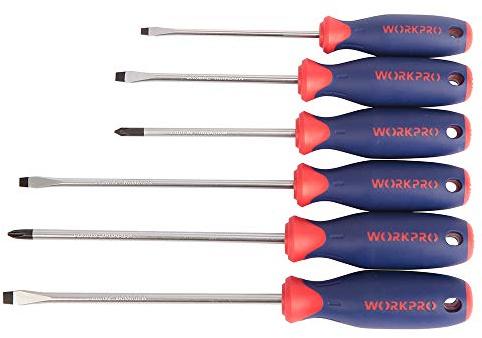WORKPRO W000800 - Juego de destornilladores, cuchillas de cromo vanadio con puntas magnéticas y empuñaduras de plástico